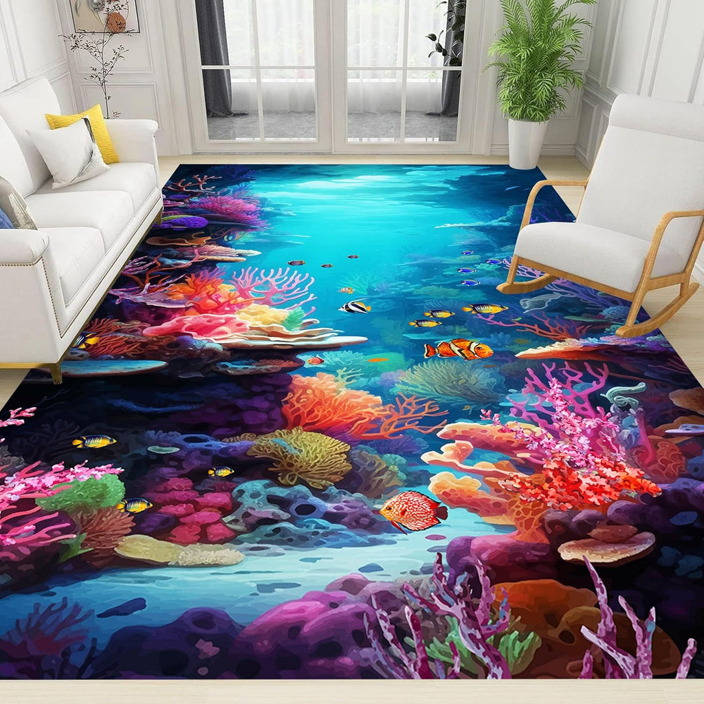 Under The Sea Area Rug, 6x8ft, Underwater World Coral Carpets for Bedroom, Marine Animal Tropical Fish Non-Slip Carpet, Low Pile Thin Absorbent Machine Washable Rugs for Living Room