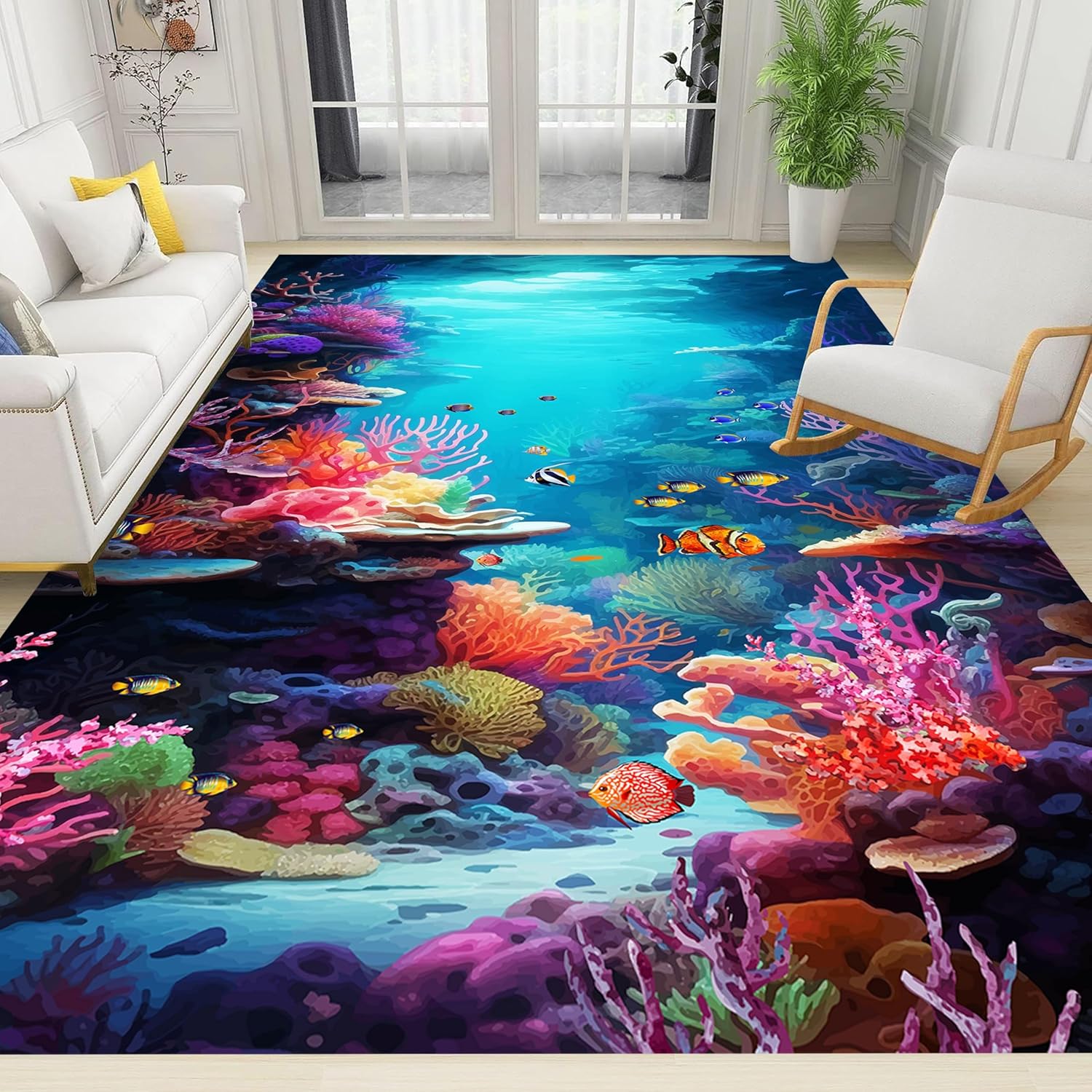 Under The Sea Area Rug, 5x7ft, Underwater World Coral Carpets for Bedroom, Marine Animal Tropical Fish Non-Slip Carpet, Low Pile Thin Absorbent Machine Washable Rugs for Living Room