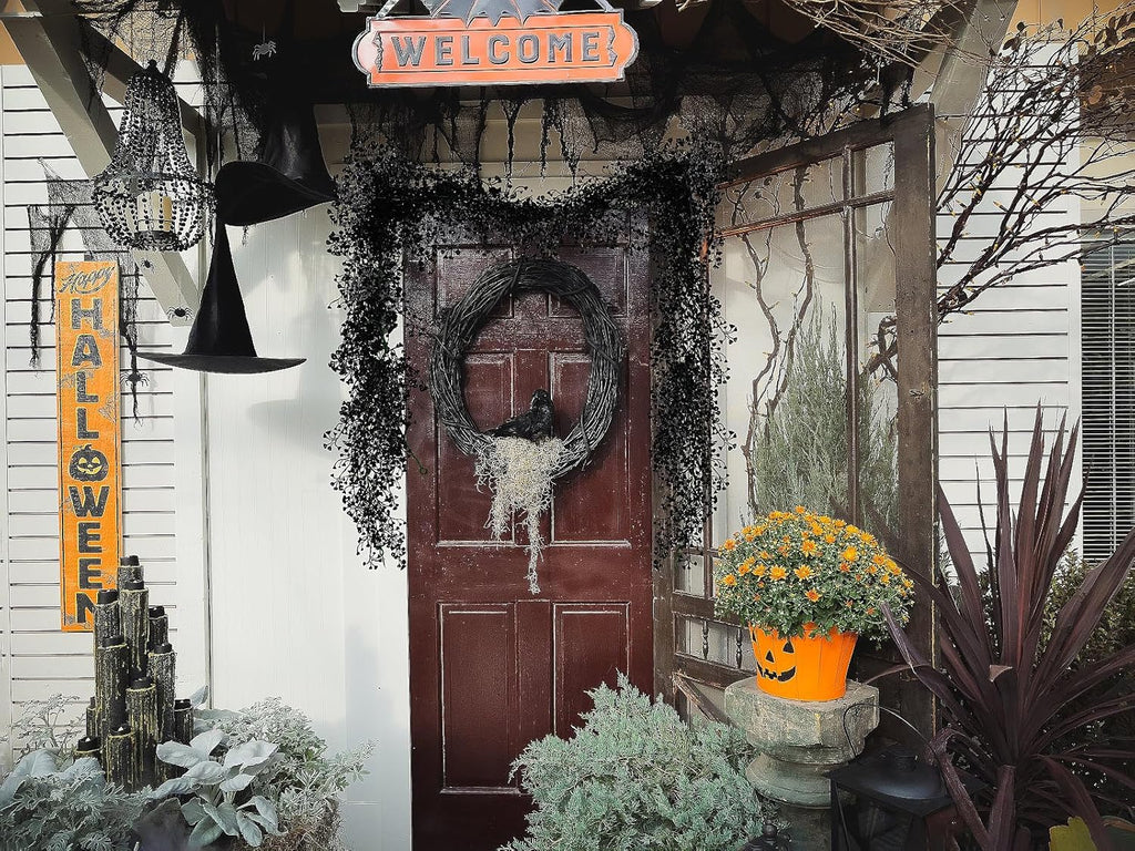 RECUTMS Black Garland Artificial Hanging Plants 2Pcs 5.6Ft Fake Garland Plant Greenery Faux Ferns Leaves Ivy Wreath for Halloween Thanksgiving Party Outdoor Indoor Garden Decor(Black)