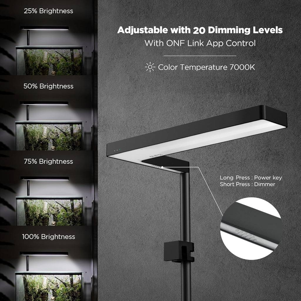 ONF Flat Nano+ 15W Full Spectrum Aquarium Light, Up to 20 Level Dimmable APP Controlled Light, IP54 Waterproof Light, Suitable for 2-9 Gallon Rimless Fish Tanks, Terrariums, & Potted Plants, Black