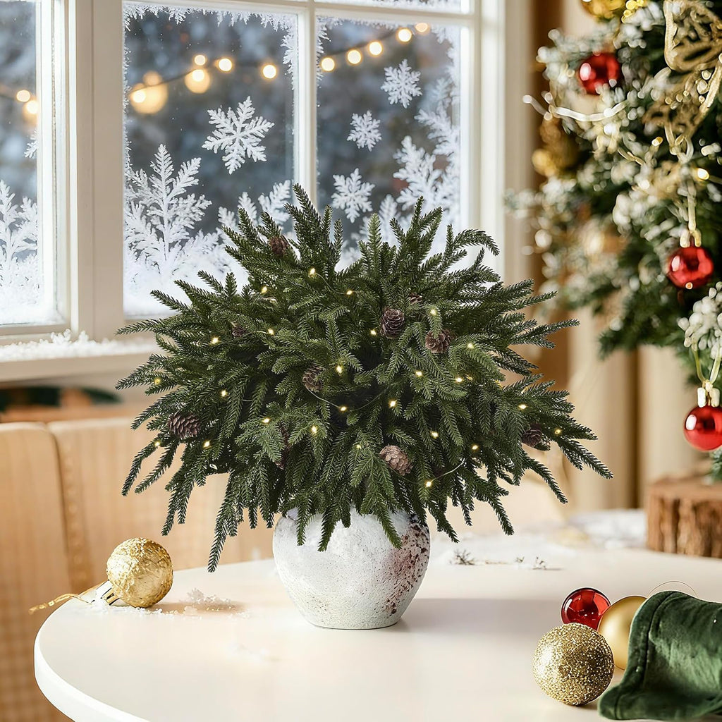 12PCS Christmas Norfolk Pine Branches with Warm Lights ，20" Artificial Christmas Branches Pinecones Norfolk Pine Stems for DIY Crafts Garlands Wreaths Holiday Home Centerpiece Xmas Decor