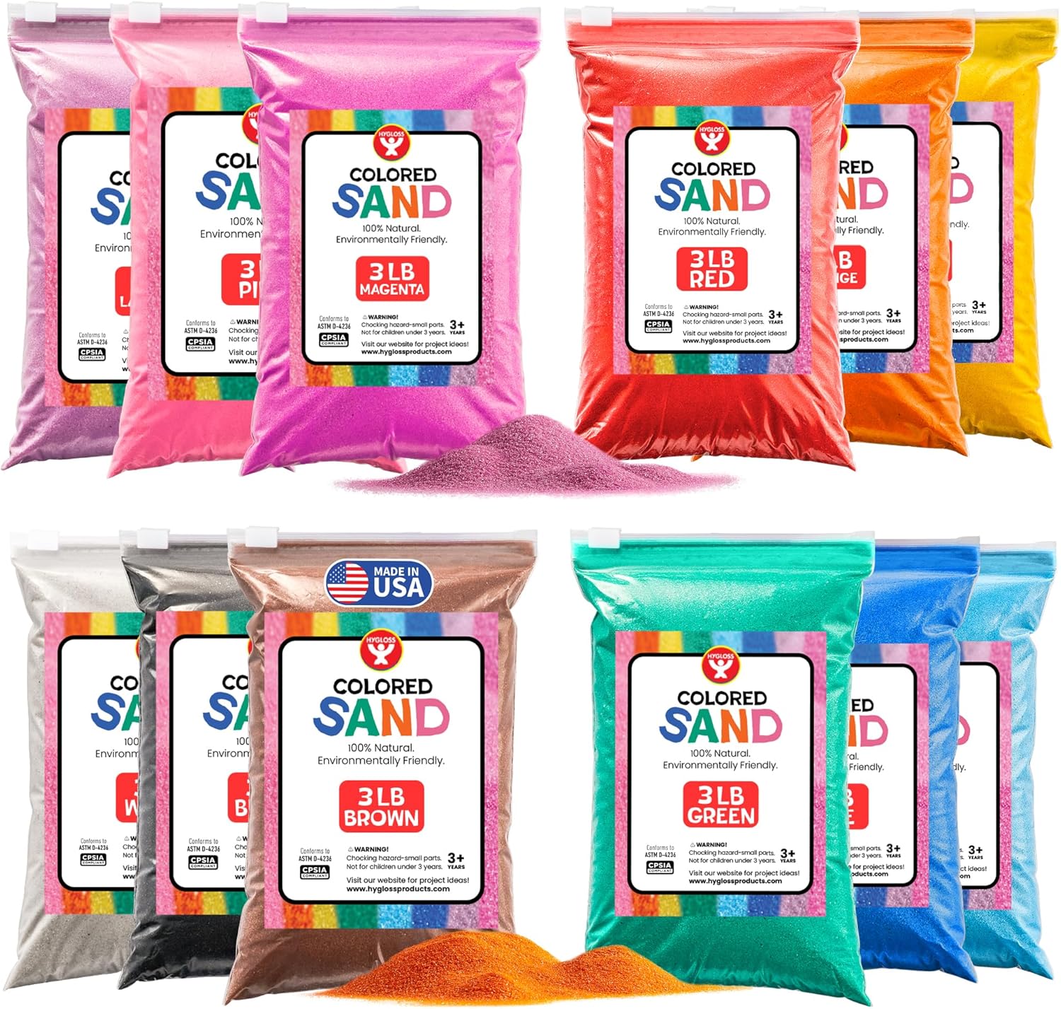 Hygloss Colored Sand for Crafts -12 Assorted Colors Bags - 3 lb Vibrant Colorful Fine Sensory Play Sand Art Kits for Kids - Classroom Activities for Children 3 4 5 6 7 8 9 10 11 12 - Safe for Ages 3+