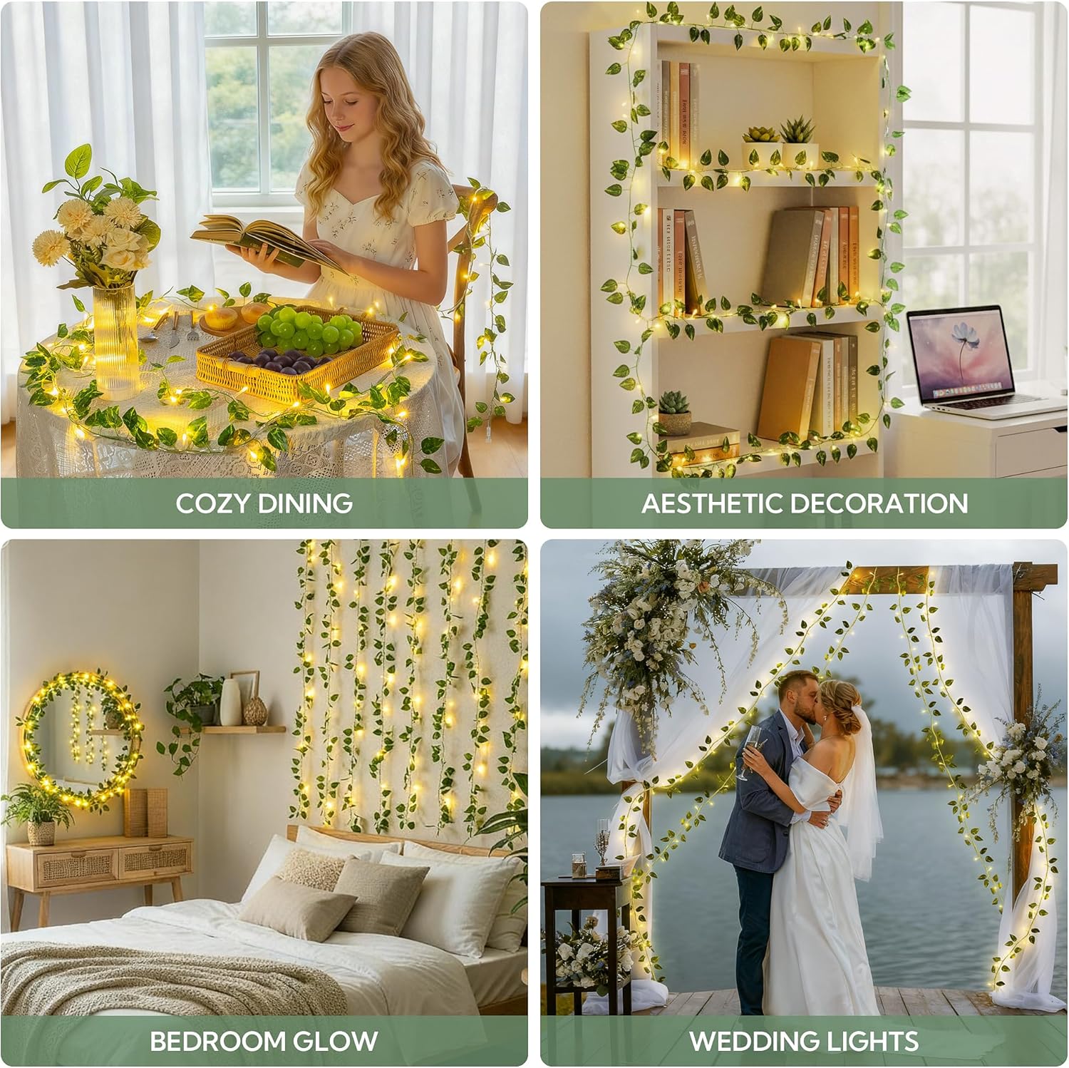 HEYFUNi Vines with Lights, 23 Ft 73 Led Faux Pothos String Lights Plug in, Leaf Lights for Bedroom, Wall, Balcony, Wedding Decor, Warm White