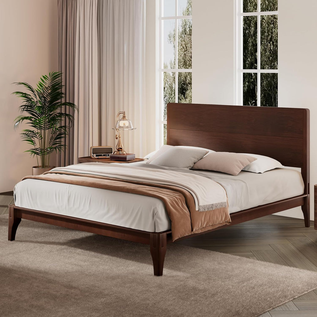 Merax Mid Century Queen Size Bed Frame with Headboard, Bamboo Wood Queen Platform Bed with Slat, Heavy Duty Steel Center Beam for Support, Under Bed Storage, No Box Spring Needed, Chocolate
