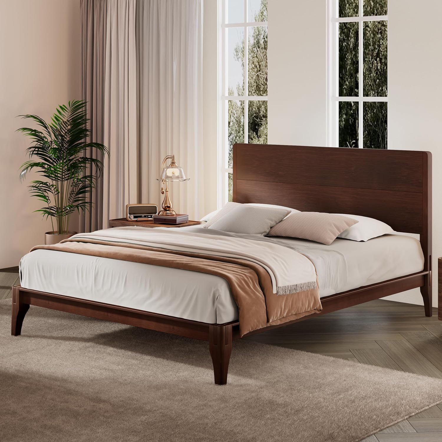 Merax Mid Century Bed Frame Full with Headboard, Bamboo Wood Full Platform Bed Frame with Wood Slat, Heavy Duty Steel Center Beam for Support, Under Bed Storage, No Box Spring Needed, Chocolate