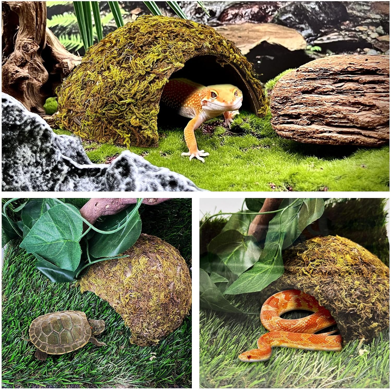 PINVNBY 2 Pack Natural Green Moss Hide Caves Coconut Reptile Hideouts Hamster Climbing Toys Gecko Habitat Decor Lizard Shell Shelter for Snake Tarantulas Turtle Chameleon