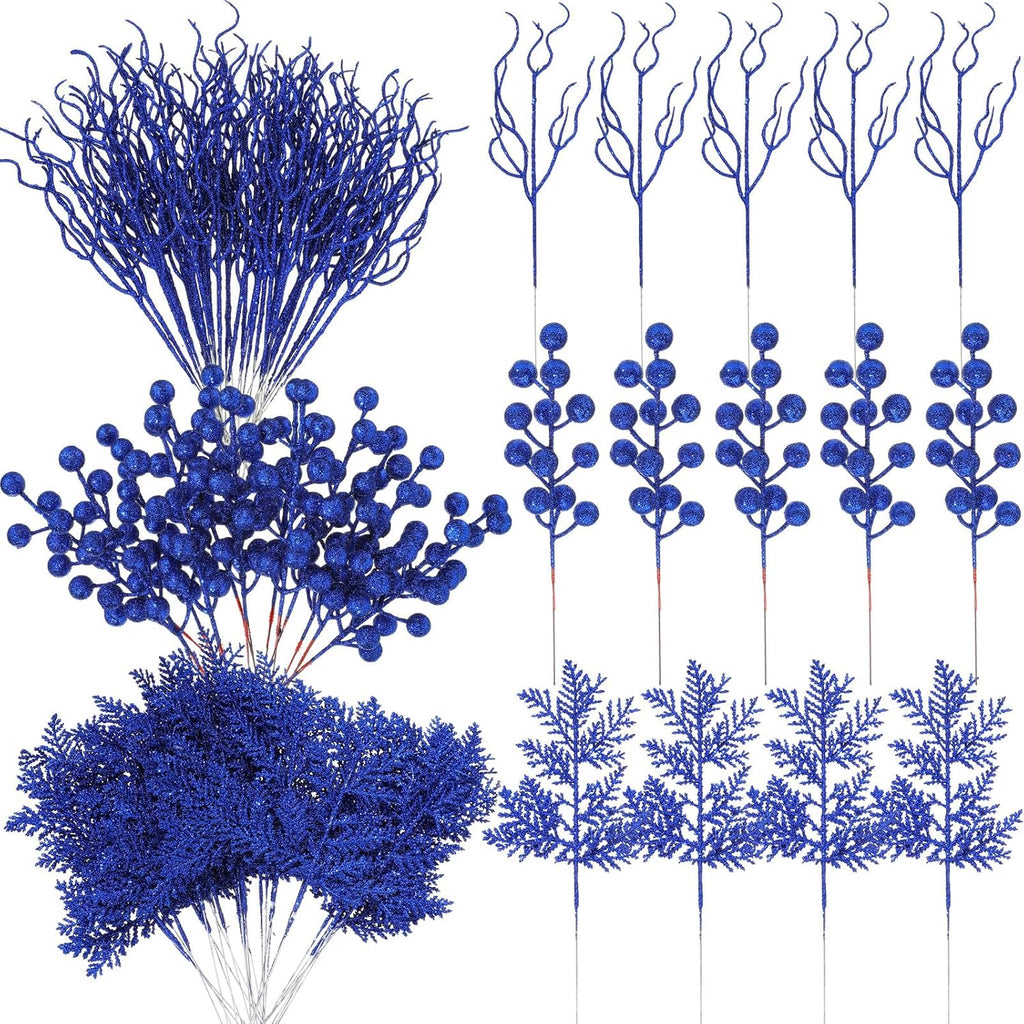 75 Pcs Christmas Glitter Branches 3 Styles Artificial Christmas Picks Berries Stems Pine Needles Floral Twig Spray for Xmas Tree Ornaments DIY Wreath Garland(Blue)