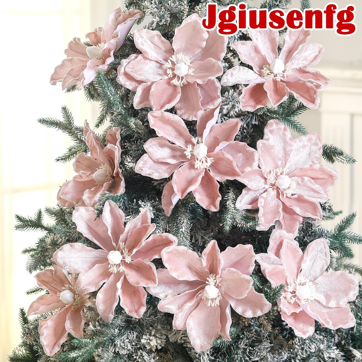 8 Pcs Large Christmas Flower Magnolia Flowers Christmas Tree Decoration Artificial Poinsettia Stems Velvet Xmas Ornaments for Xmas Tree Table Decor(Pink,12 Inch)