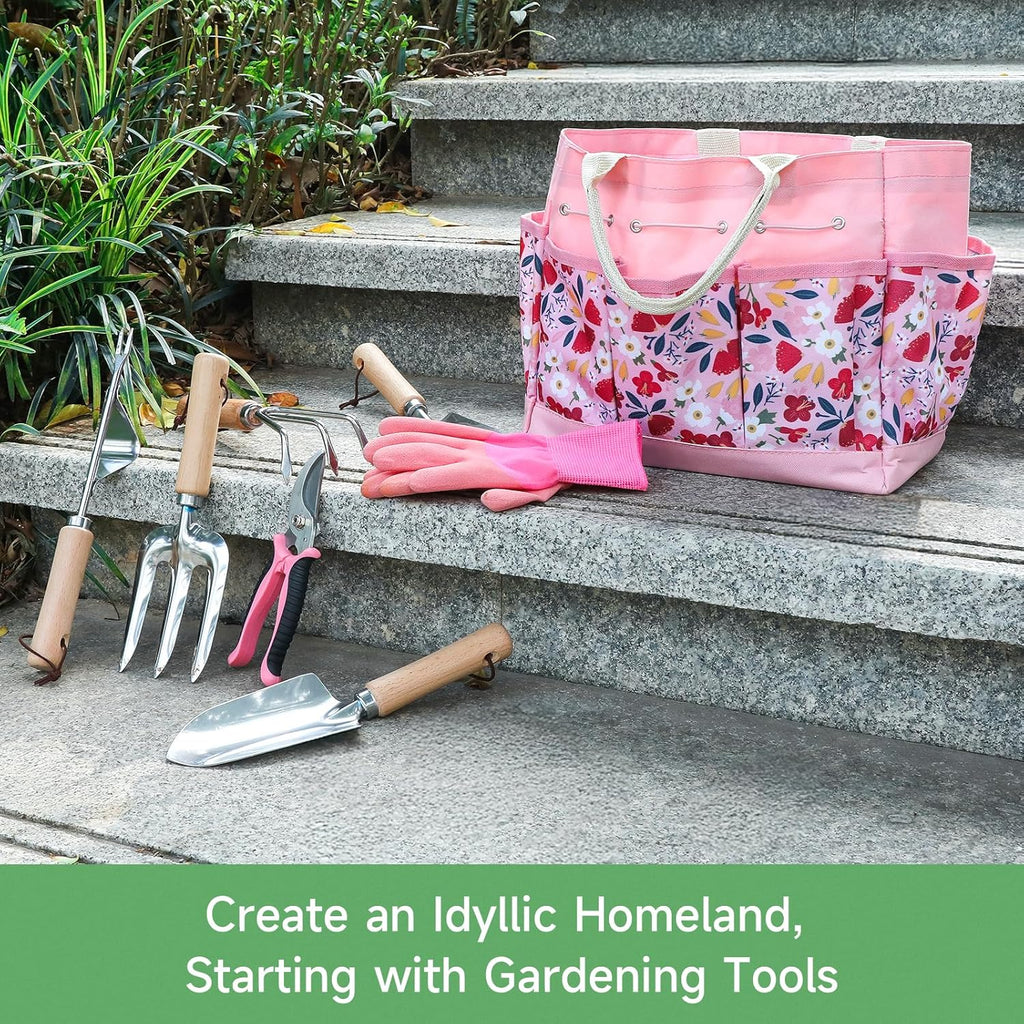 9-Piece Gardening Tools Set - Complete Gardening Kit with Heavy-Duty Stainless Hand Tools, Durable Storage Bag with Garden Accessories, Ideal Gardening Gifts for Women, Men, Gardeners - Pink