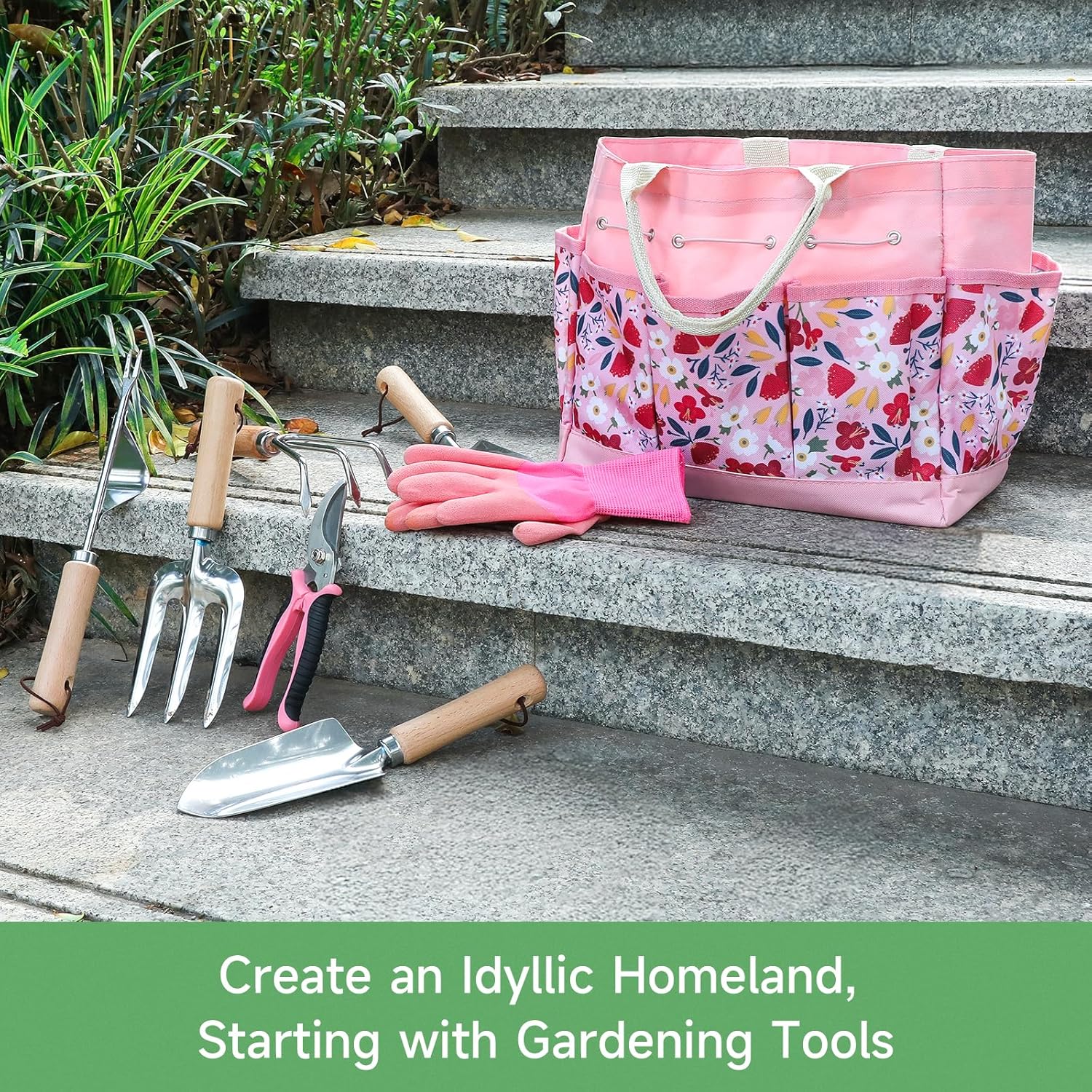 9-Piece Gardening Tools Set - Complete Gardening Kit with Heavy-Duty Stainless Hand Tools, Durable Storage Bag with Garden Accessories, Ideal Gardening Gifts for Women, Men, Gardeners - Pink