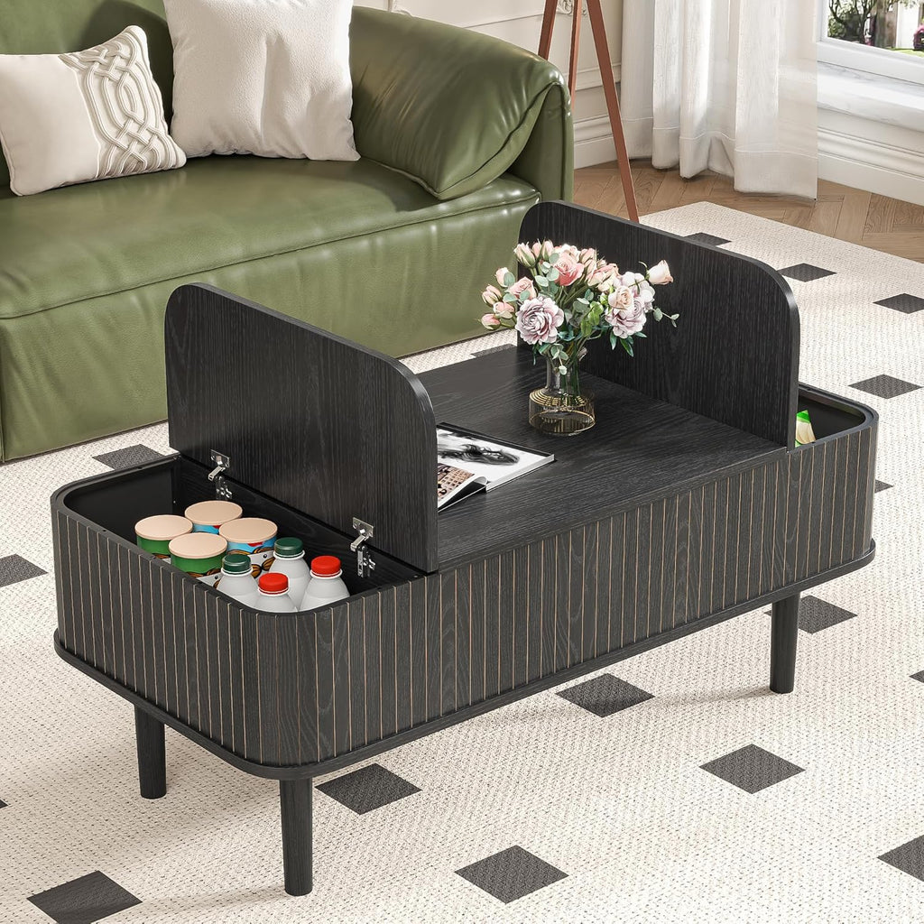 Fluted Lift Top Coffee Table with Storage, Mid Century Modern Coffee Table for Living Room, Home Small Space,39.4" Fluted Center Table (Rectangle-Black, 39.4inch)