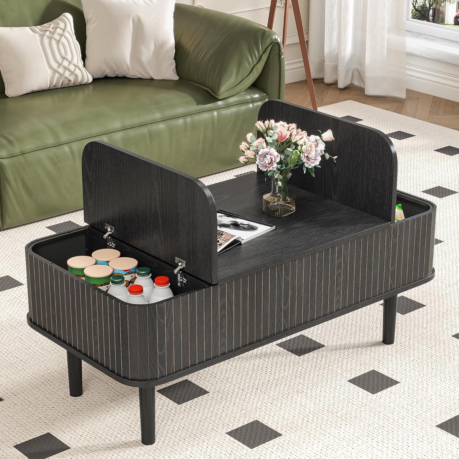 Fluted Lift Top Coffee Table with Storage, Mid Century Modern Coffee Table for Living Room, Home Small Space,39.4" Fluted Center Table (Rectangle-Black, 39.4inch)