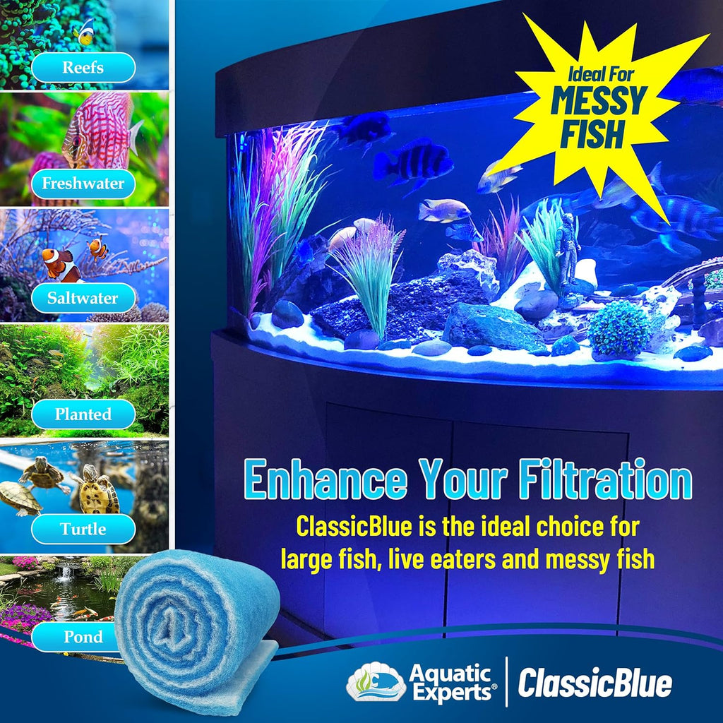 Aquatic Experts Classic Bonded Aquarium Filter Pad - Blue and White Aquarium Filter Media Roll Bulk Can Be Cut to Fit Most Filters, Made in USA (12" by 24 Feet by 3/4" Thick)