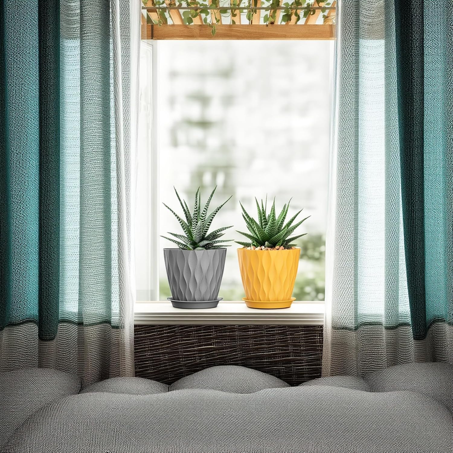 5 Inch Planter Pots, 6 Pack Indoor Planters, Small Flower Pots with Drainage Holes and Tray for Succulents, Orchids, Herbs and Other Indoor Plants (Orange+Grey+White, 5inch)