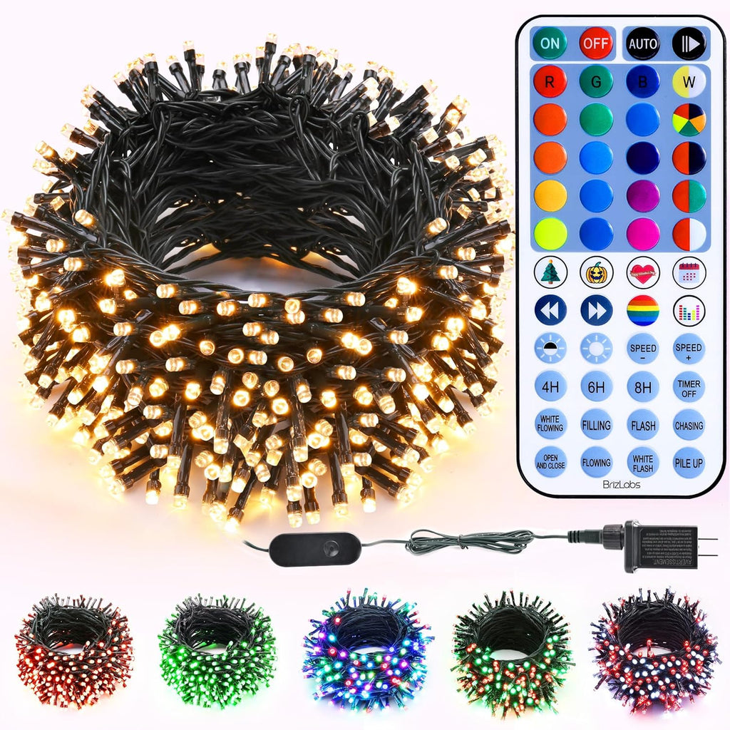 BrizLabs RGB + Warm White Christmas Lights, 98.5FT 300 LED Color Changing String Lights with Remote, Red White Christmas Light, Twinkle Mini Light Dimmable Tree Light for Indoor Outdoor Xmas Halloween
