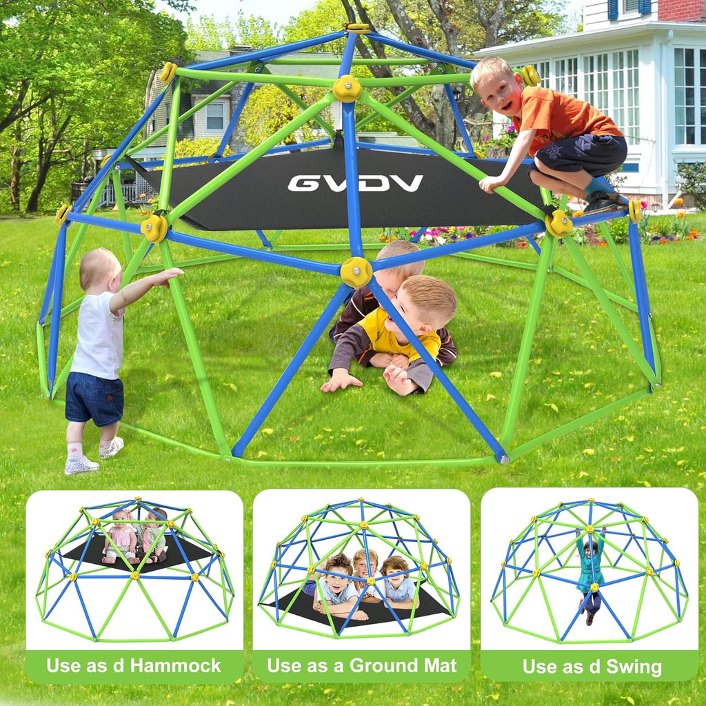 GVDV 10FT Climbing Dome with Hammock, Outdoor Jungle Gym for Kids, Geometric Dome Climber Supporting 880 Lbs Anti-Rust Metal Outdoor Play Structure ASTM Approved Blue & Green