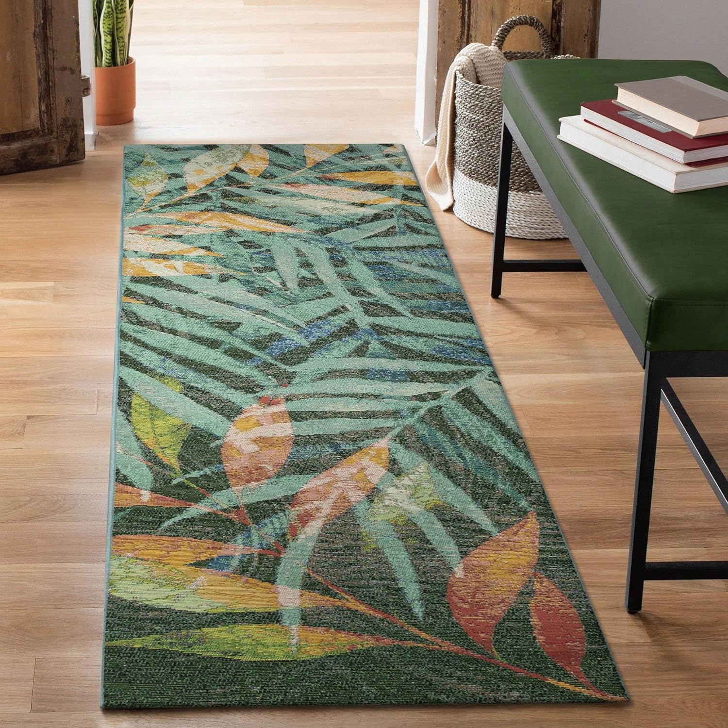 Liora Manne Marina Indoor/Outdoor Power Loomed Synthetic Blend Low Profile Area Rug - Contemporary Graphic Botanical Floral Colorful (Leaves Blue) (1'11" x 7'6")