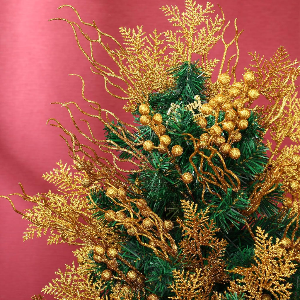 75 Pcs Christmas Glitter Branches 3 Styles Artificial Christmas Picks Berries Stems Pine Needles Floral Twig Spray for Xmas Tree Ornaments DIY Wreath Garland(Gold)