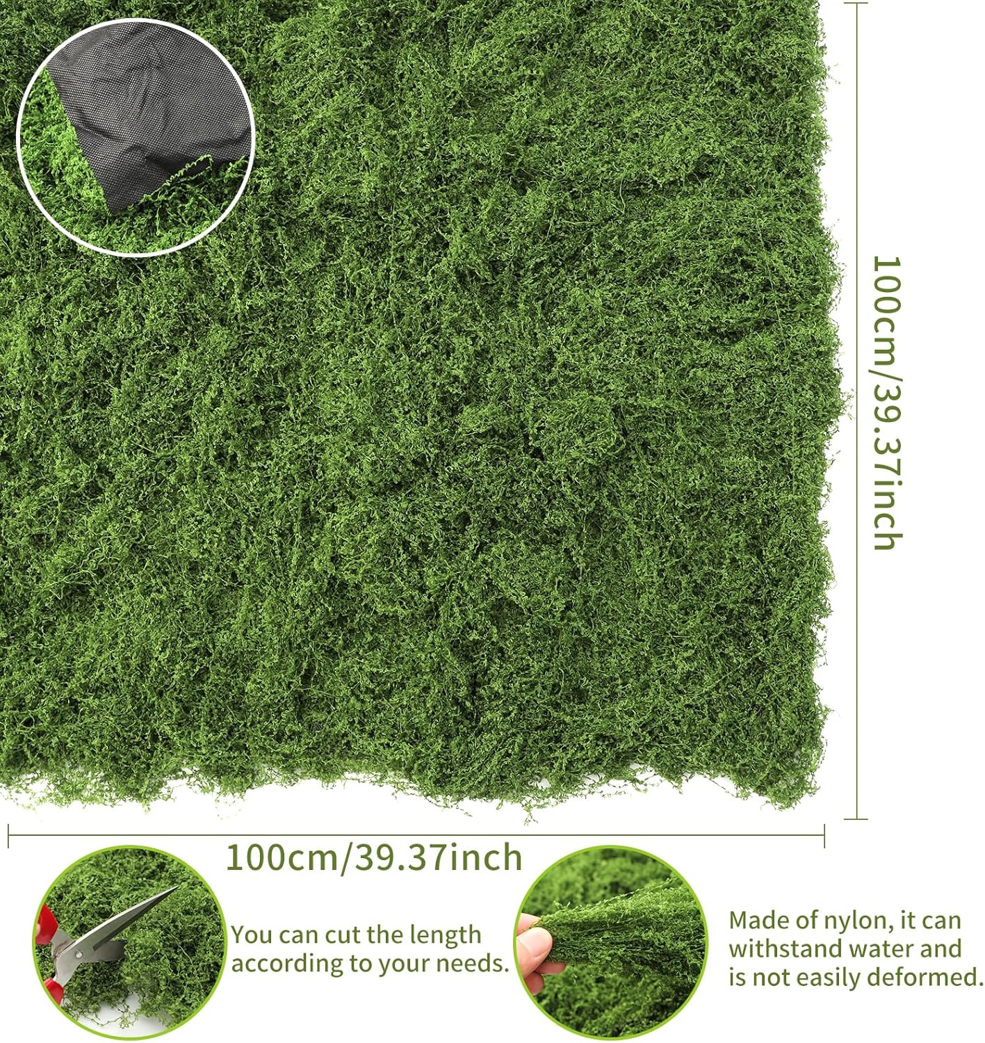 Artificial Moss mat, Green, 39.37 x 39.37 inches (Dark Green), Waterproof Indoor and Outdoor Decorative Moss mat, Fake Moss Wall Decorative Flower Decoration for Craftsmanship