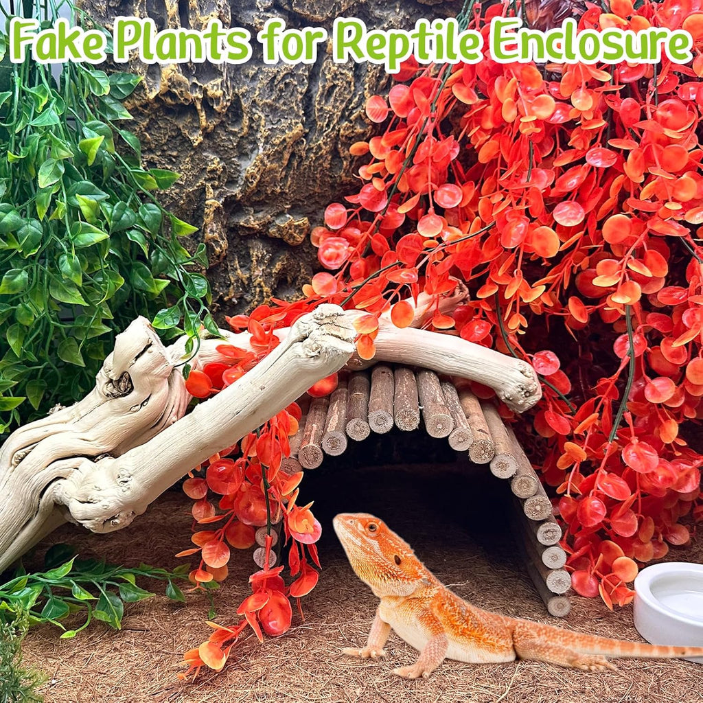 Hamiledyi Reptile Plants 5 Pcs Climbing Terrarium Plant with Suction Cup Artificial Decor for Snake Cage Bearded Dragon Tank Accessories for Lizard, Leopard Gecko, Chameleon, Snake (Orange)