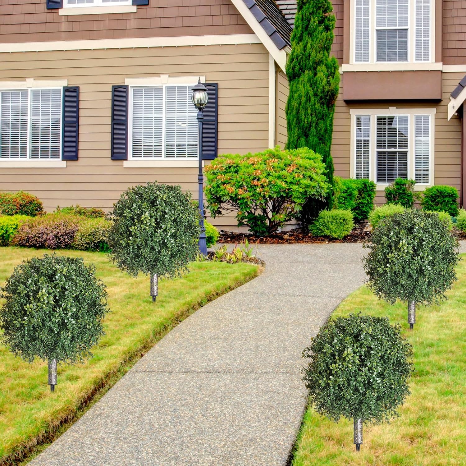 4 Pcs Artificial Boxwood Topiary Ball Bush 26" Tree UV Resistant with Spike Easy to Push in The Ground Fake Boxwood Plants Faux Greenery Shrubs for Indoor Outdoor Home Garden (Dark Green)