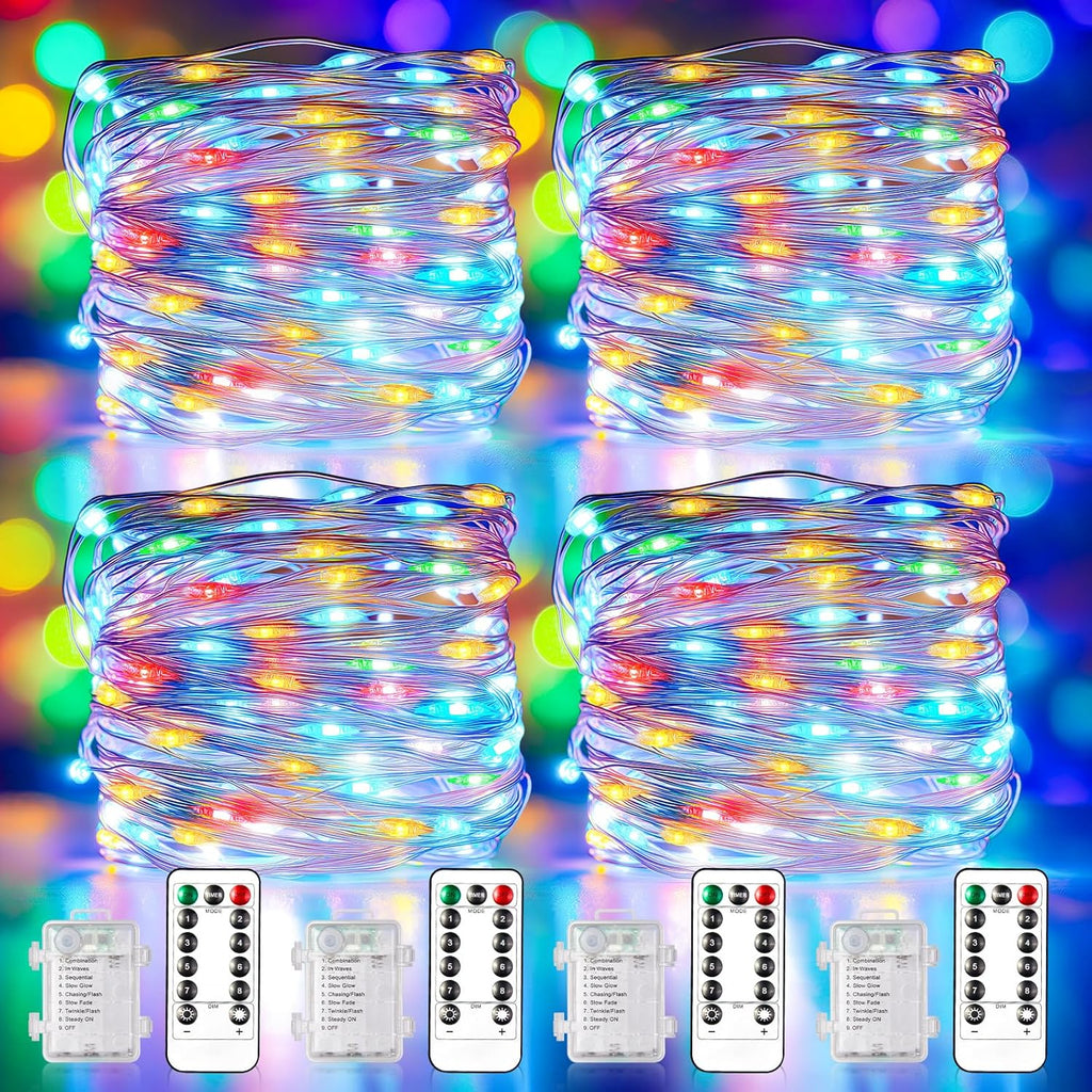Fairy Lights Battery Operated, 33Ft 100 LED Twinkle Lights with Remote and Timer, 8 Modes Waterproof Lighting for DIY Bedroom Wedding Table Centerpieces Christmas 4 Pack