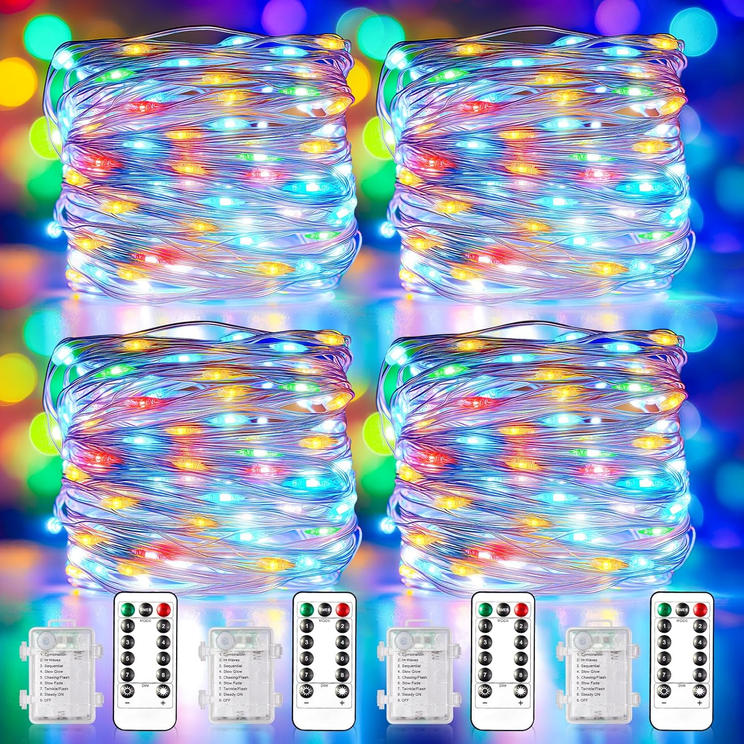 Fairy Lights Battery Operated, 33Ft 100 LED Twinkle Lights with Remote and Timer, 8 Modes Waterproof Lighting for DIY Bedroom Wedding Table Centerpieces Christmas 4 Pack