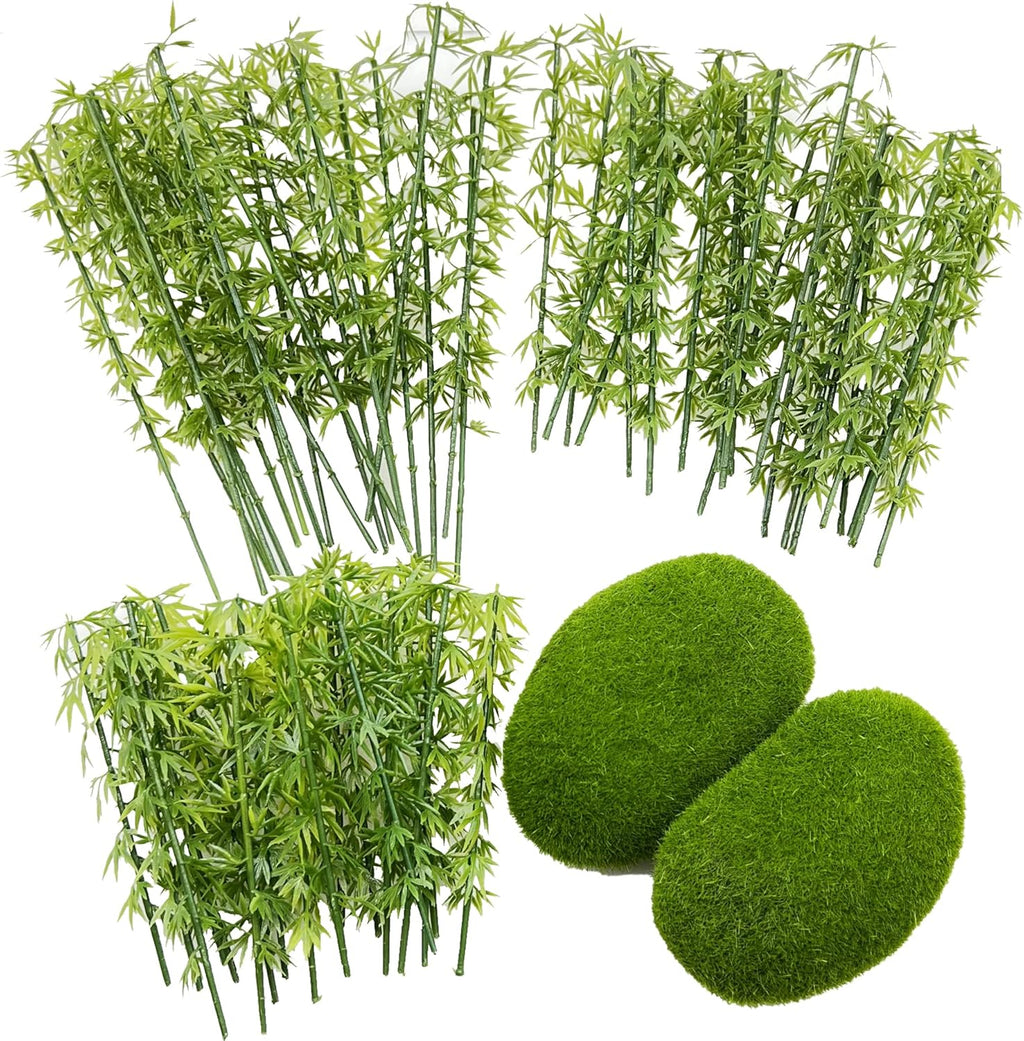 Woohome Miniature Bamboo Trees, 60 PCS Model Bamboo Trees Landscape Bamboo Tree and 2 PCS Fake Moss Rocks Decorative Moss Balls Model Artificial Plants for Home Decoration, Fairy Gardens