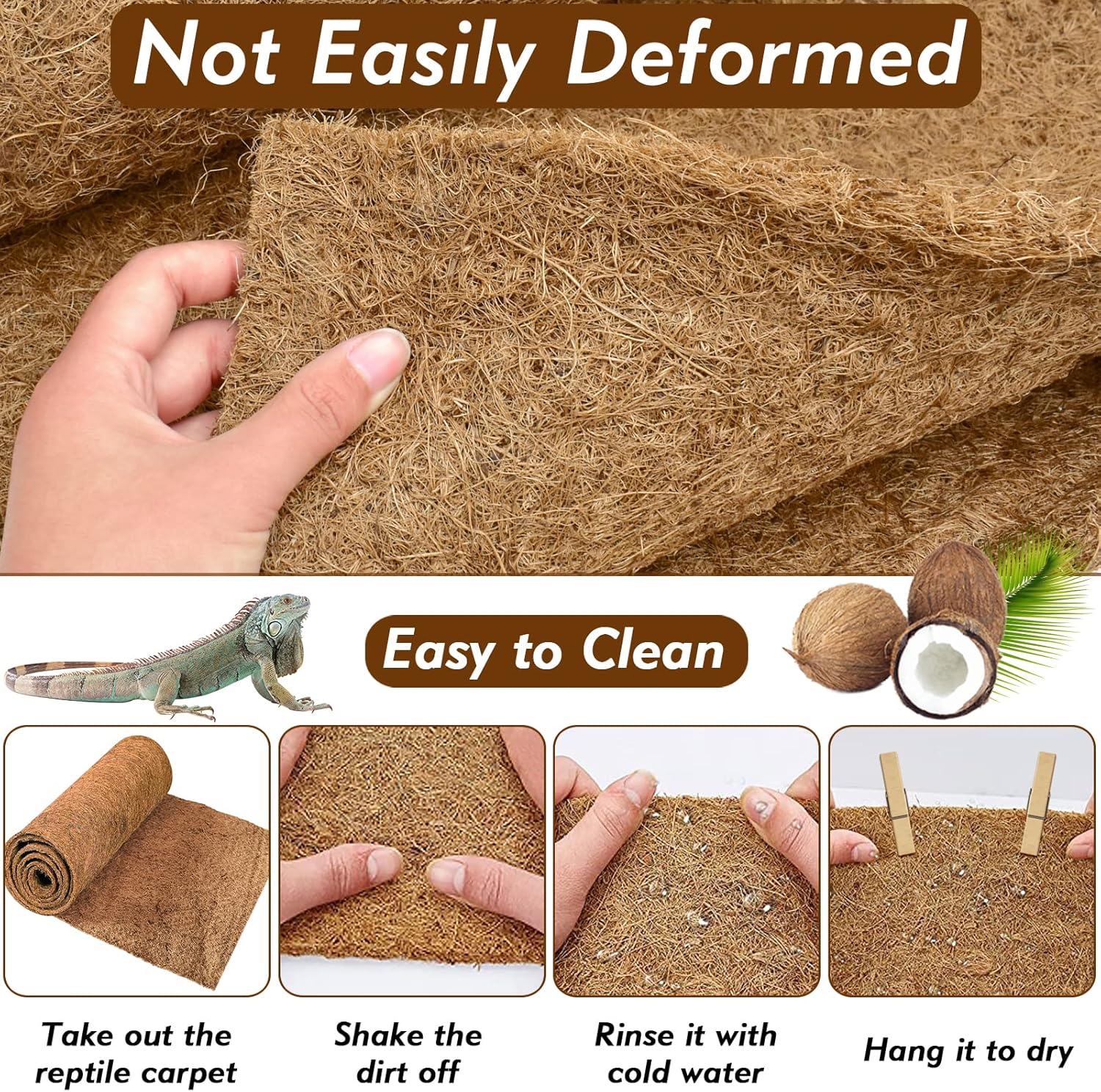ZeeDix 10 Pcs Reptile Carpet, 14X14 inch Natural Coconut Fiber Liner Mat Flooring Accessories for Reptile Tank - Bearded Dragon Tortoise Lizard Turtle Snake Leopard Gecko Substrate Bedding