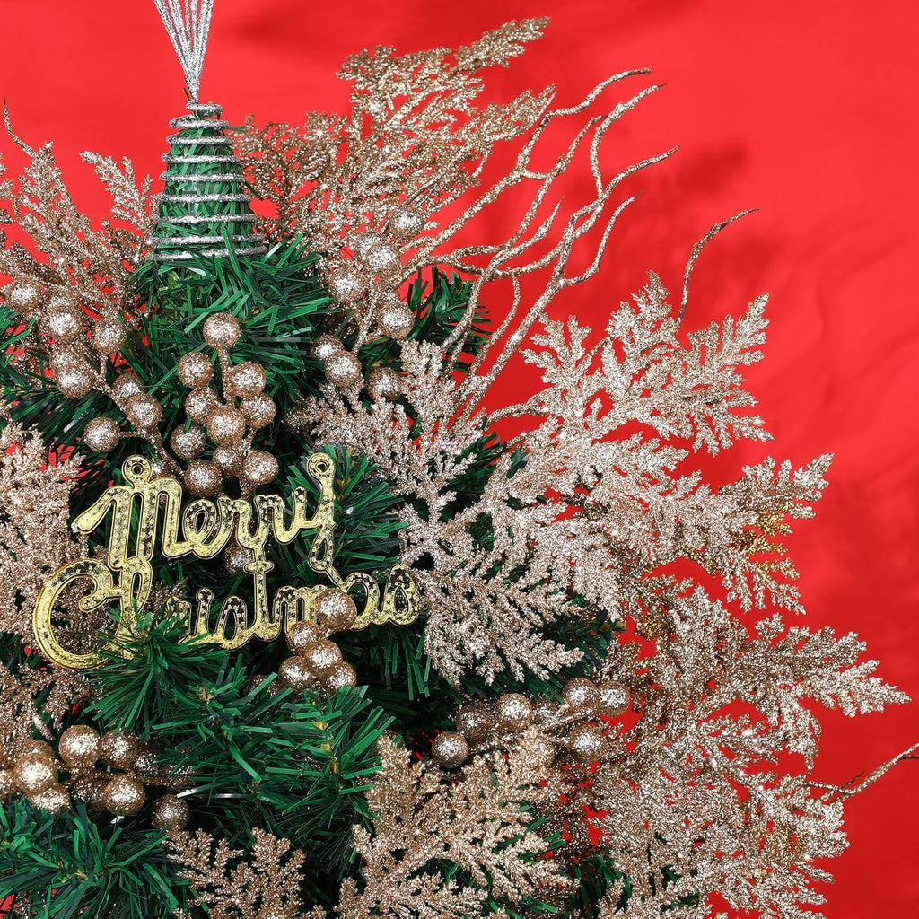 75 Pcs Christmas Glitter Branches 3 Styles Artificial Christmas Picks Berries Stems Pine Needles Floral Twig Spray for Xmas Tree Ornaments DIY Wreath Garland(Champagne Gold)