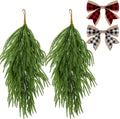 2 Pcs Artificial Christmas Teardrop Swag with Plaid Bow, 28" Faux Pine Needles Teardrop Door Swag, Christmas Norfolk Greenery Teardrop Wreath for Xmas Door Mantle Fireplace Indoor Outdoor Decor