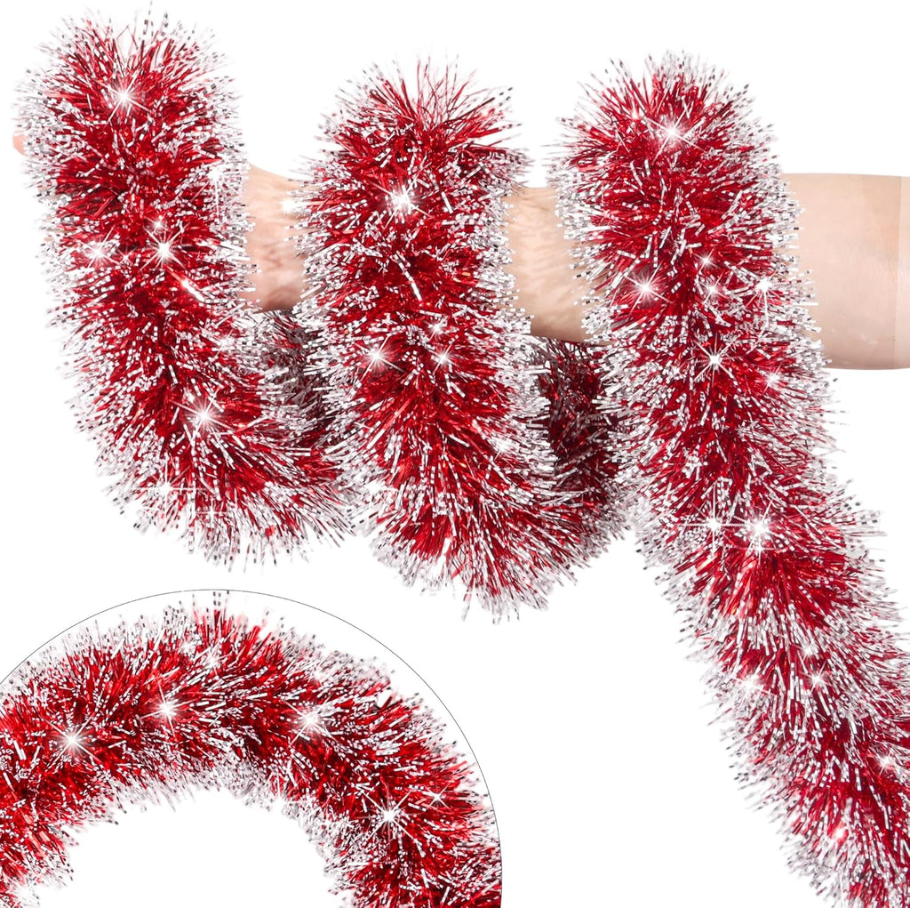 50 Feet Red White Christmas Tinsel Garland Christmas Decorations, Thick Metallic Twist Shiny Hanging Tinsel Garlands for Xmas Tree Decor Stairs Mantle Fireplace Home Indoor Holiday Party Supplies