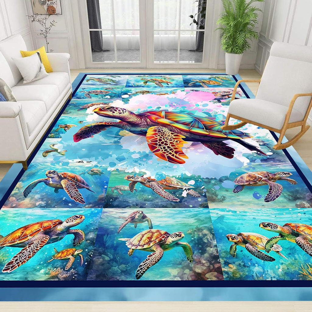 Turtle Area Carpet, 6x8ft, Colorful Ocean Themed Sea Turtle Floor Rugs, Blue Underwater Painting Rugs for Home Decoration, Fade Resistant Soft Foldable Mats for Dorm Family Entrance