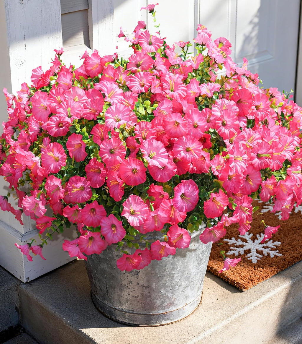 Artificial Flowers Fake Plants for Outdoors Decoration, 12 Bundles Pink Silk Morning Glory with Eucalyptus Realistic UV Resistant Faux Flowers Greenery for Outside Planter Yard Garden Home Indoor Urn