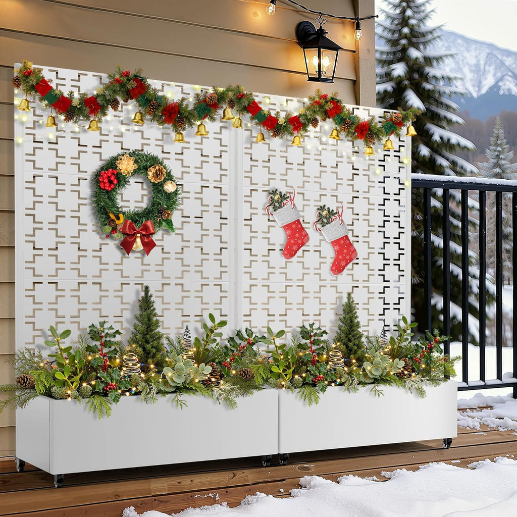 FENCY Metal Raised Garden Bed with Wheels and Trellis,73"x47"x16" Planter Box for Climbing Plants, Vegetables & Vines, Features Privacy Screen and Drainage Holes (White-Square)