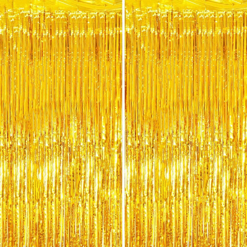 2 Pack Gold Tinsel Foil Fringe Curtains, Gold Party Decorations, Metallic Tinsel Party Streamers Backdrop for Birthday Baby Shower Graduation Wedding New Year Party Decorations