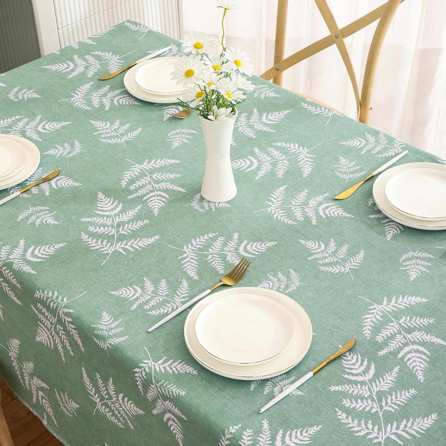 Heavy Duty Vinyl Tablecloth with Flannel Backing Waterproof Oil-Proof Plastic Table Cloth Stain-Resistant Wipeable Rectangle or Square Table Cover for Indoor and Outdoor (Mint Leaf, 60X102 Inch)