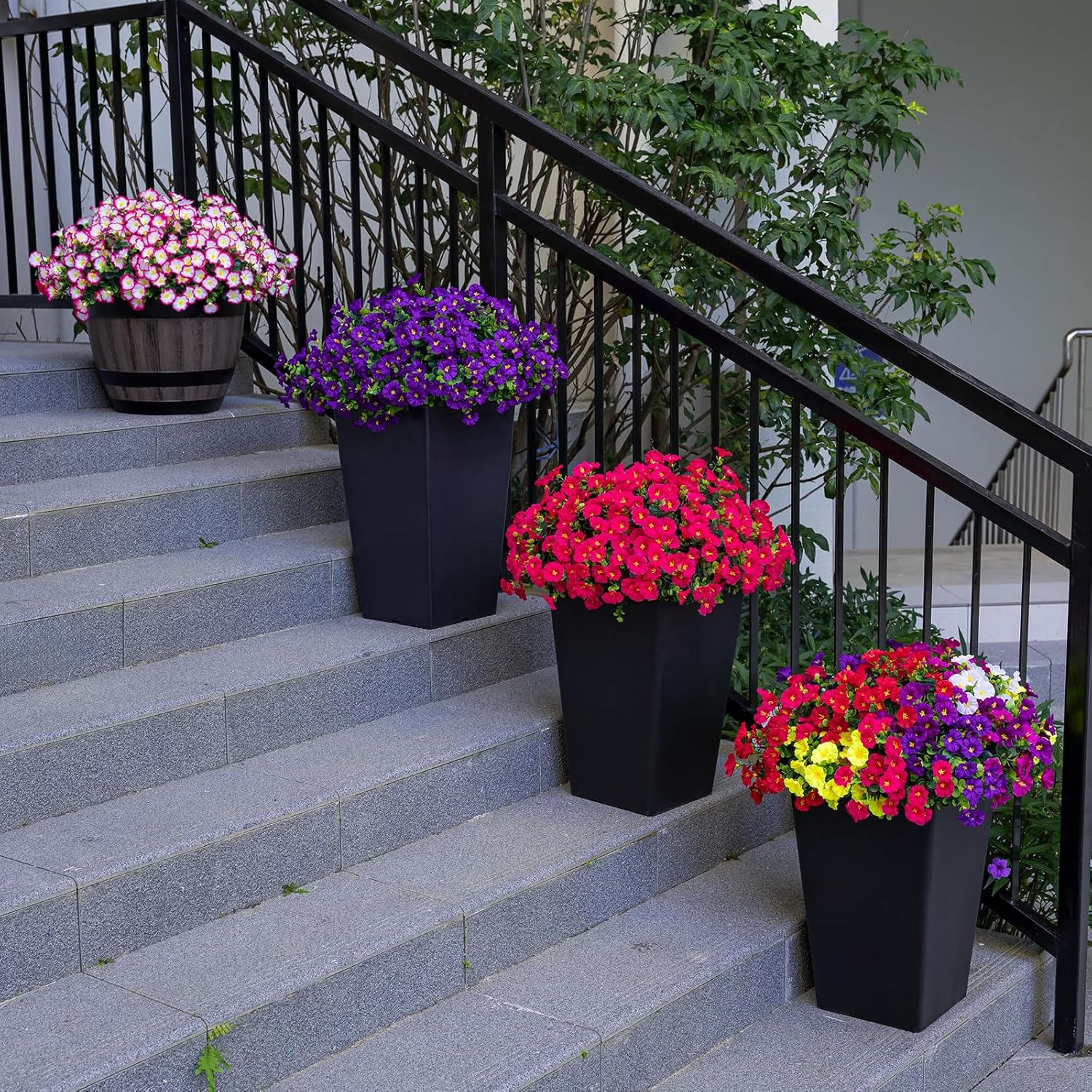 Artificial Faux Flowers for Outdoor 16 Bundles Boxwood Fake Morning Glory for Planter,UV Resistant Fake Flowers for Home Porch Patio Outside（Rose Red）