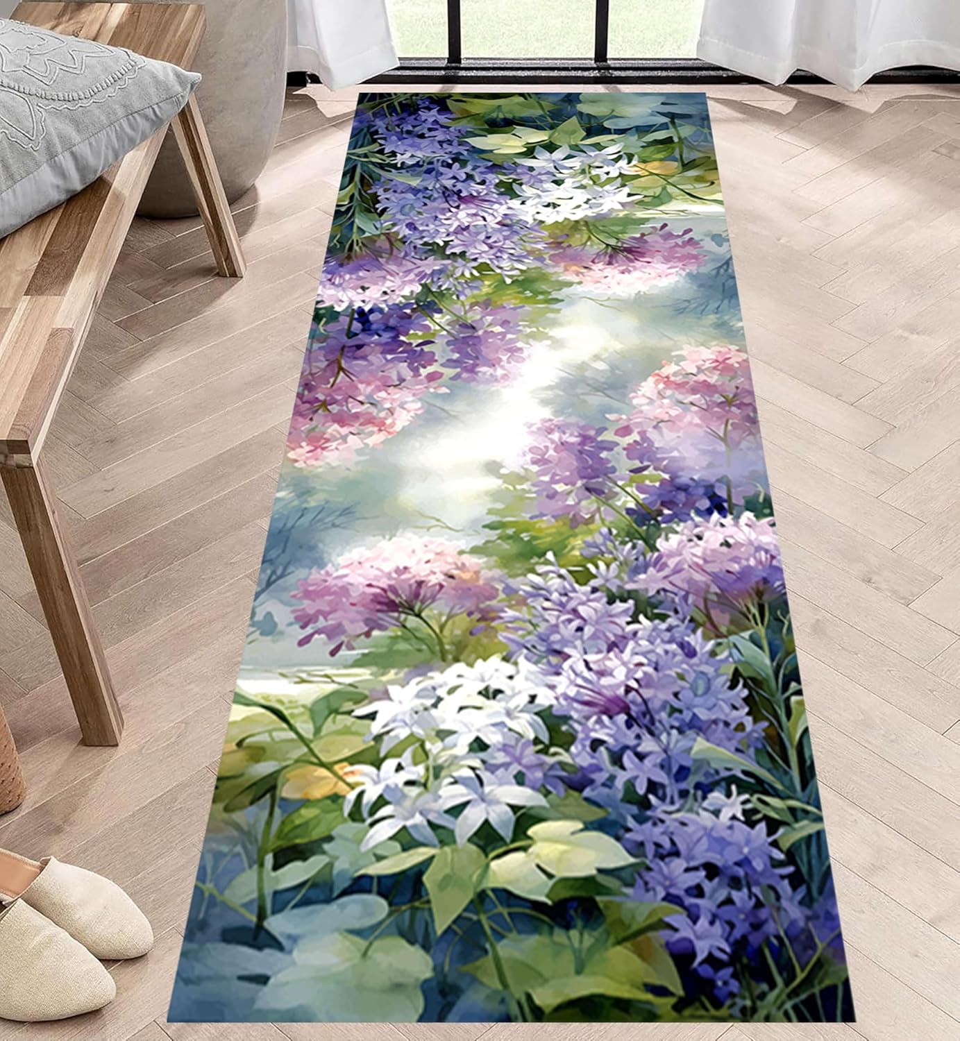 Floral Landscape Runner Rug, 3.3x7ft, Stereoscopic Floral Purple Violet Hydrangea Green Leaf Plants 3D Illusion Hallway Rug, Easy Clean Low Pile No Crease Carpet for Porch Kitchen