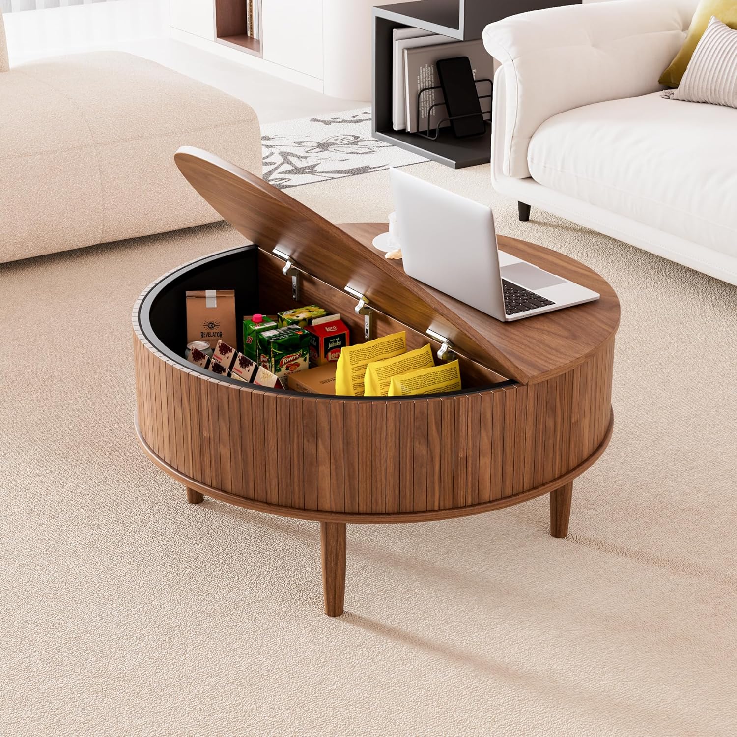 Round Fluted Lift Top Coffee Table with Storage, Mid Century Modern Coffee Table for Living Room, Home Small Space,31.5" Fluted Center Table (Walnut, 31.5inch)
