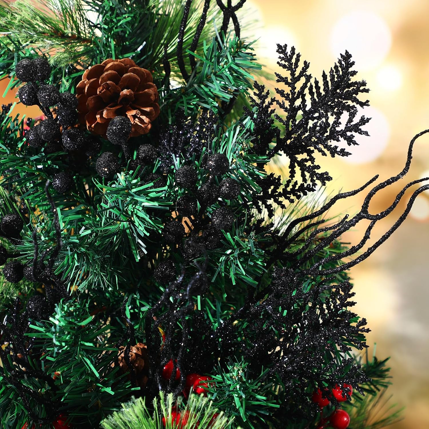 75 Pcs Christmas Glitter Branches 3 Styles Artificial Christmas Picks Berries Stems Pine Needles Floral Twig Spray for Xmas Tree Ornaments DIY Wreath Garland(Black)