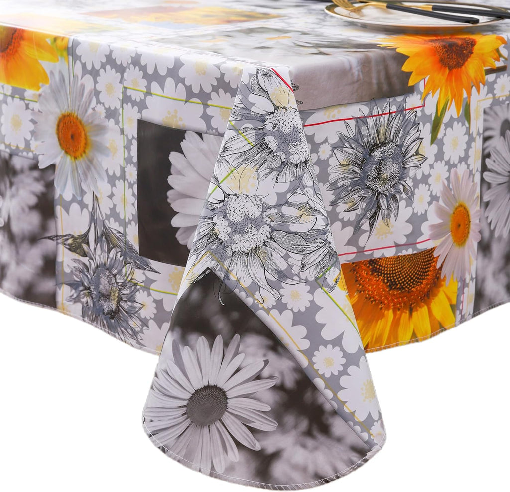 Heavy Duty Vinyl Tablecloth with Flannel Backing Waterproof Oil-Proof Plastic Table Cloth Stain-Resistant Wipeable Rectangle or Square Table Cover for Indoor and Outdoor ( Sunflower, 54X54 Inch)