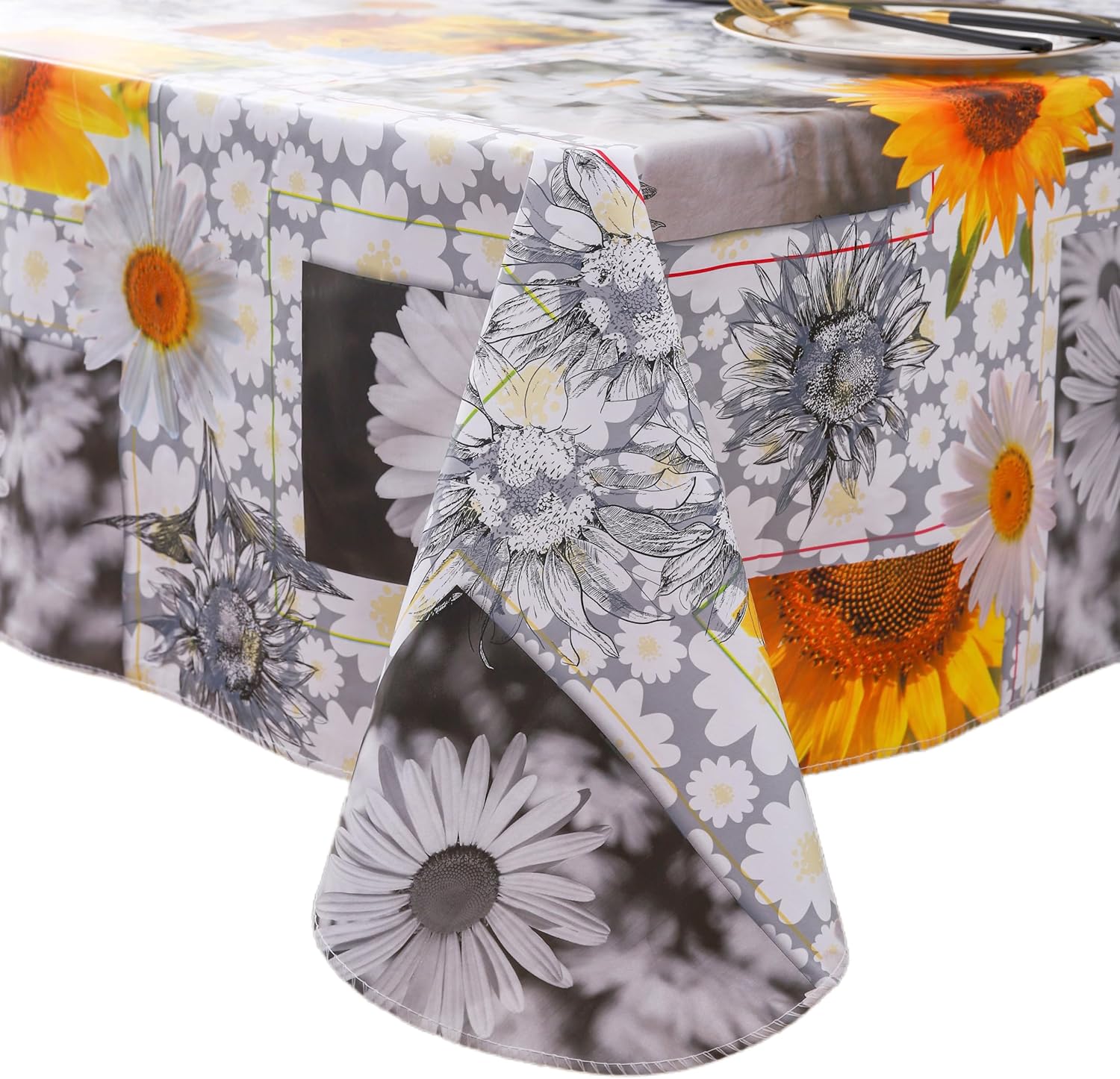 Heavy Duty Vinyl Tablecloth with Flannel Backing Waterproof Oil-Proof Plastic Table Cloth Stain-Resistant Wipeable Rectangle or Square Table Cover for Indoor and Outdoor ( Sunflower, 54X54 Inch)