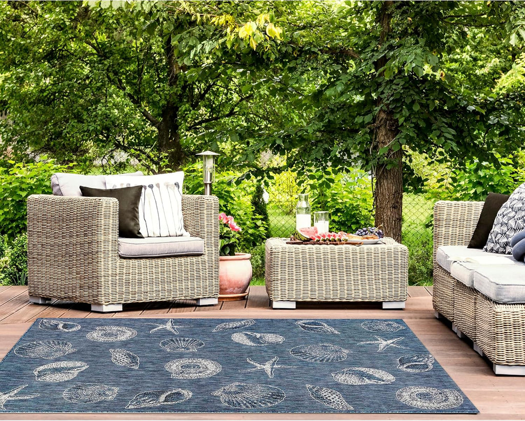 Liora Manne Carmel Indoor Outdoor Rug - Sea Life Styled Rug, Comfortable & Durable, Power Loomed, Polypropylene Material, UV Stabilized, Shells Navy, 6'6" x 9'3"