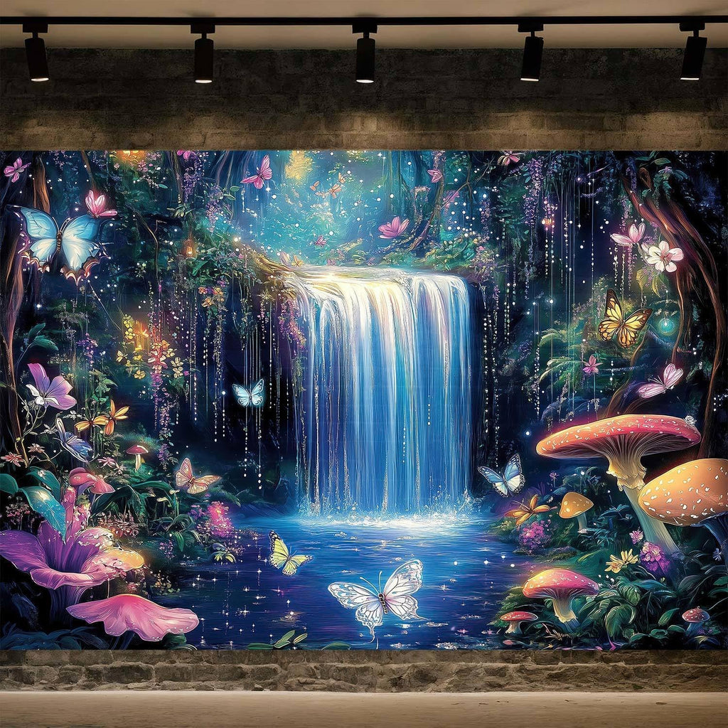 10X8ft Enchanted Forest Photography Backdrop Fantasy Wonderland with Waterfall Mushroom Floral Butterfly Magic Landscape Photo Booth Props for Party Decorations Studio Shoots