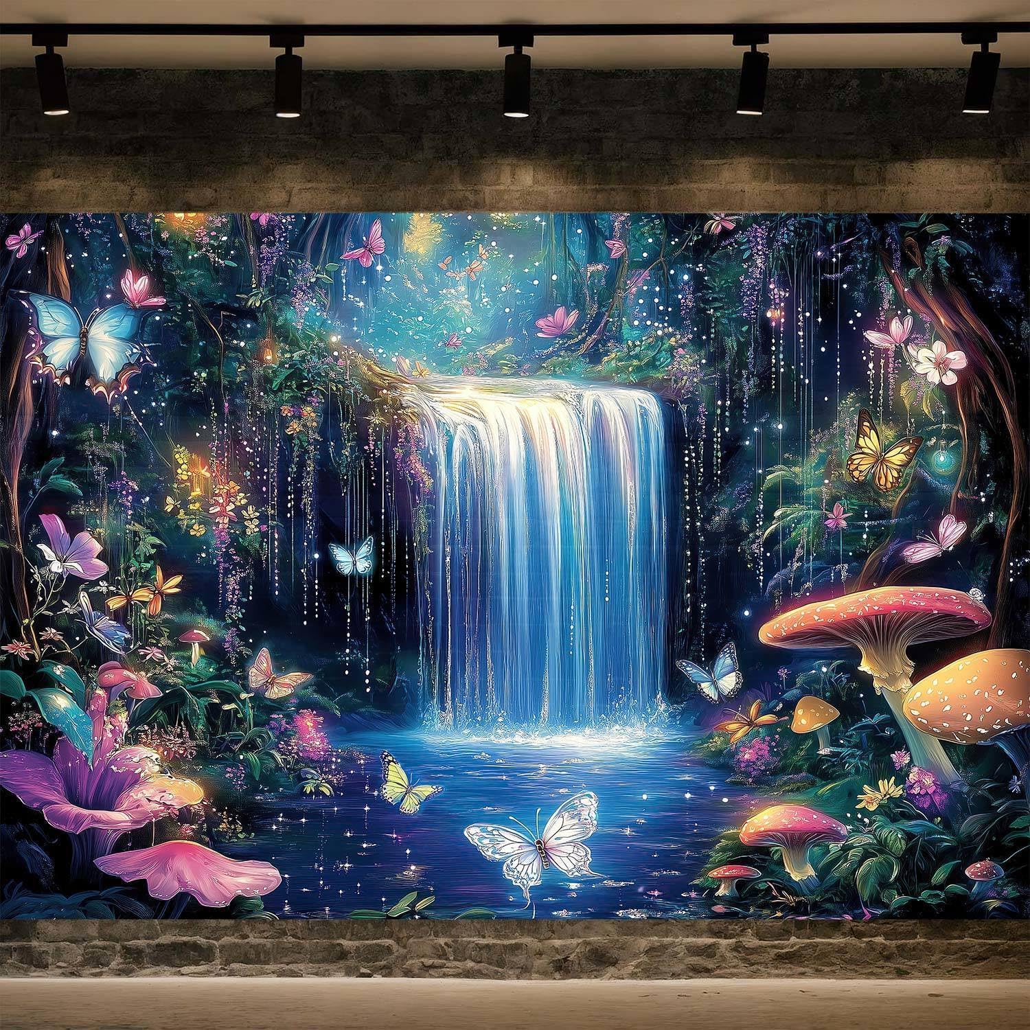 7X5ft Enchanted Forest Photography Backdrop Fantasy Wonderland with Waterfall Mushroom Floral Butterfly Magic Landscape Photo Booth Props for Party Decorations Studio Shoots