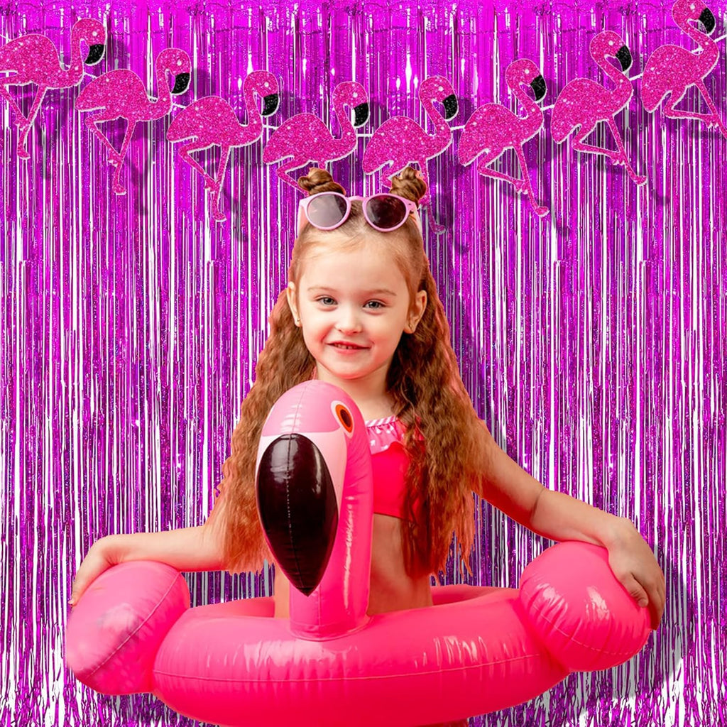 BRAVESHINE Hot Pink Tinsel Foil Fringe Curtains - 2Pcs 3.2x8.2ft Metallic Party Streamers Backdrop for Christmas Girl Birthdays Bridal Shower Bachelorette Engagement Hawaiian Luau Party Decorations