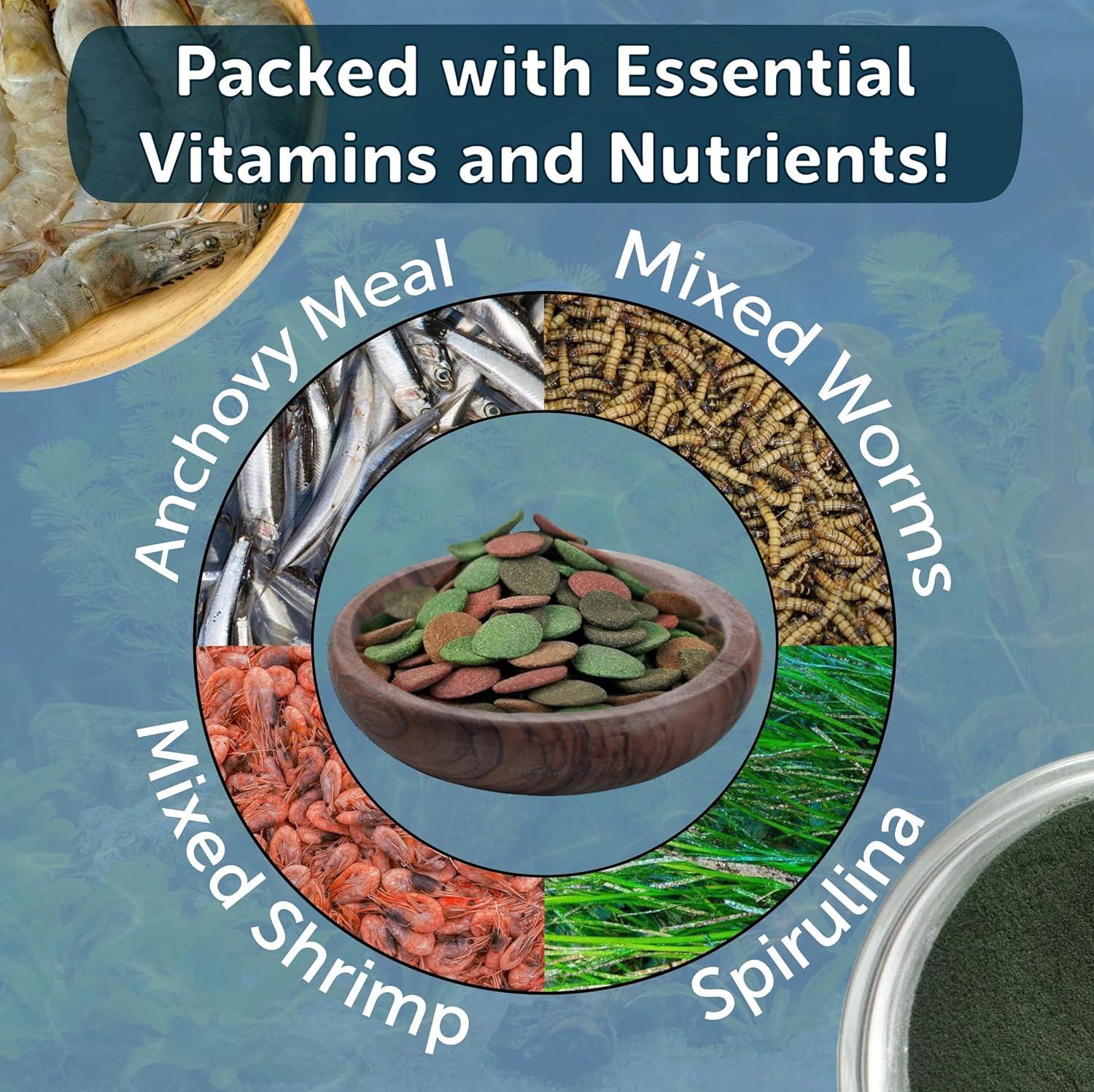 Aquatic Foods Inc. 4-Type 12mm - 1/2" Sinking Wafer Mix of Spirulina-Algae, Ultra-Worm, Shrimp, Color Enhancing for Shrimp, Snails, Crayfish, Bottom Fish, 12-Type Pellets Included...1-lb 6oz Canister