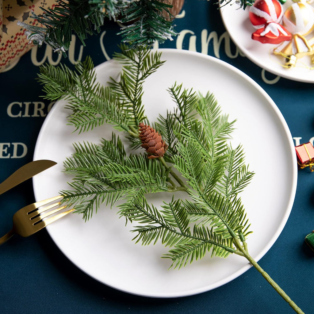 Watayo 8 Pcs Large Artificial Pine Needles Branches- 16" x 7" Christmas Fake Greenery Pine Picks with Pinecone- Faux Pine Leaves Sprigs for Christmas Garland Wreath & Home Garden Decoration