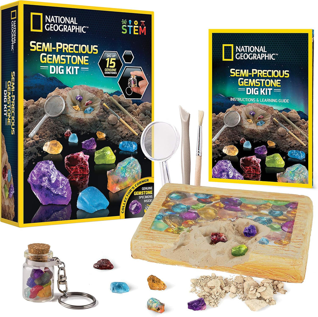 National Geographic Semi-Precious Gemstone Dig Kit for Kids - 15 Real Gems Including Amethyst, Garnet, Opal, Blue Topaz, and More, STEM Rock Collection Activity, Dig Brick, Science Kit for Kids